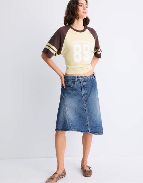 Stradivarius asymmetrischer Midirock aus mittelblauem Denim - view 1