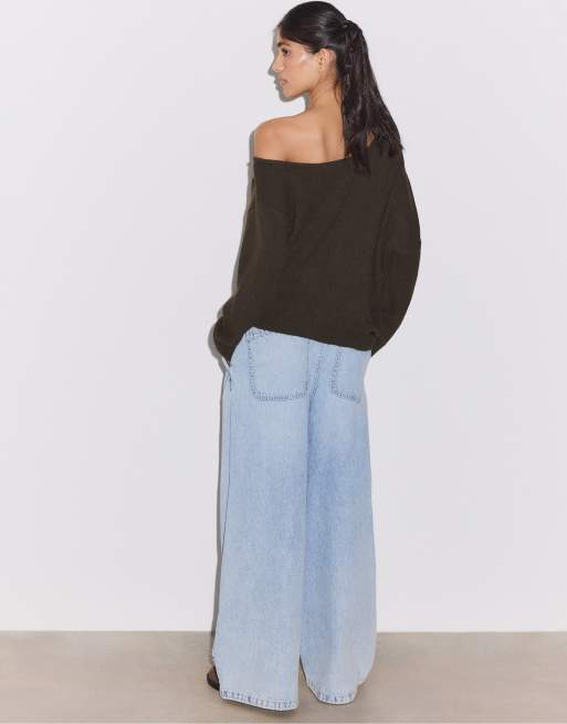 Stradivarius – Asymmetrischer Strickpullover in Braun, 3 von 7