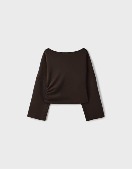 Stradivarius asymmetrisches Cropped-Sweatshirt in Braun, 7 von 7