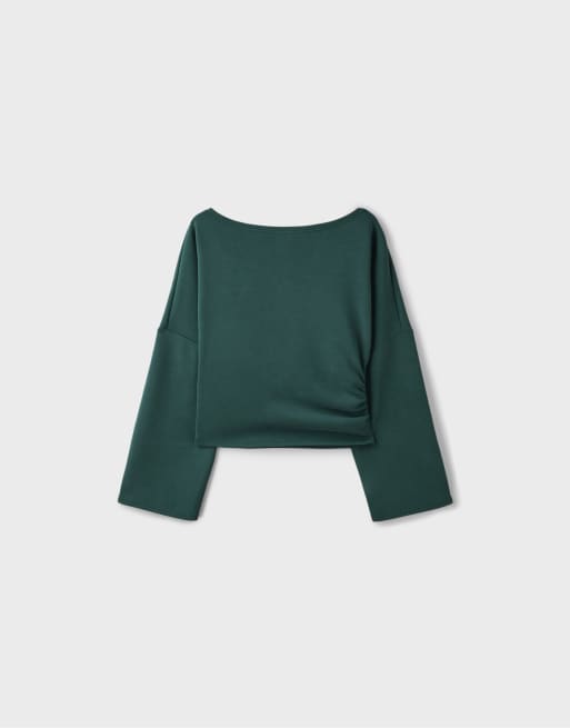 Stradivarius asymmetrisches Cropped-Sweatshirt in Khaki, 6 von 7