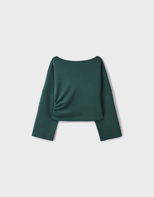 Stradivarius asymmetrisches Cropped-Sweatshirt in Khaki, 7 von 7