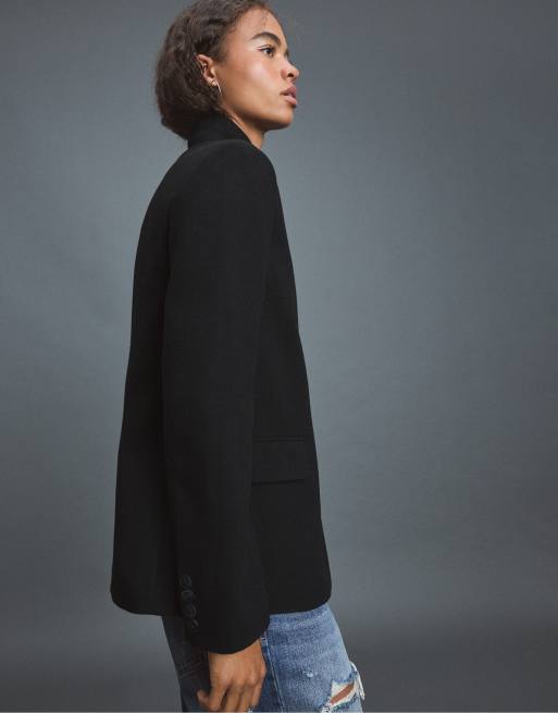 Stradivarius asymmetrisk blazer i sort uldblanding, 2 af 7