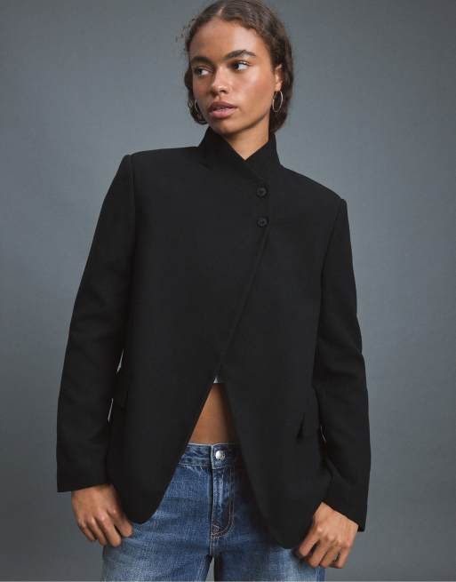 Stradivarius asymmetrisk blazer i sort uldblanding, 5 af 7