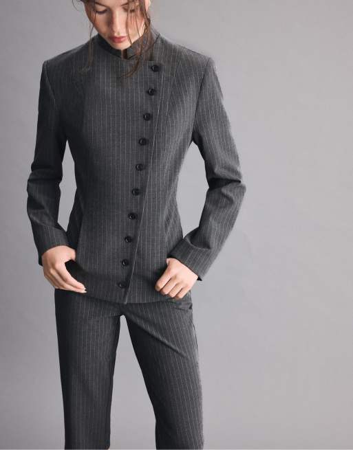 Stradivarius asymmetrisk blazer med flere knapper i mørkegrå, 5 af 7