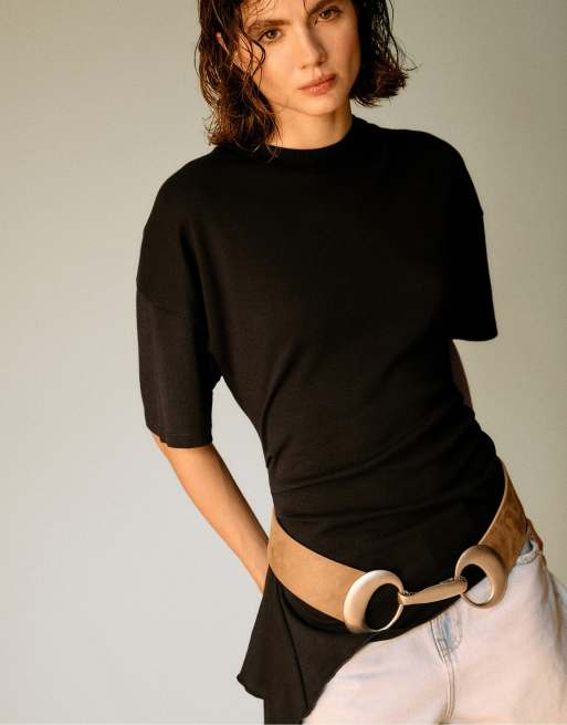 Stradivarius asymmetrisk T-shirt med korte ærmer i sort, 5 af 7