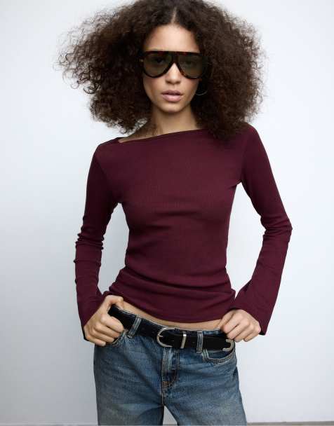 Stradivarius - Auberginefarvet basis-T-shirt med trompetærmer - view 1