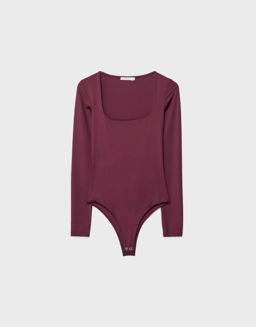 Stradivarius - Auberginefarvet bodystocking i polyamid med firkantet hals, 6 af 7