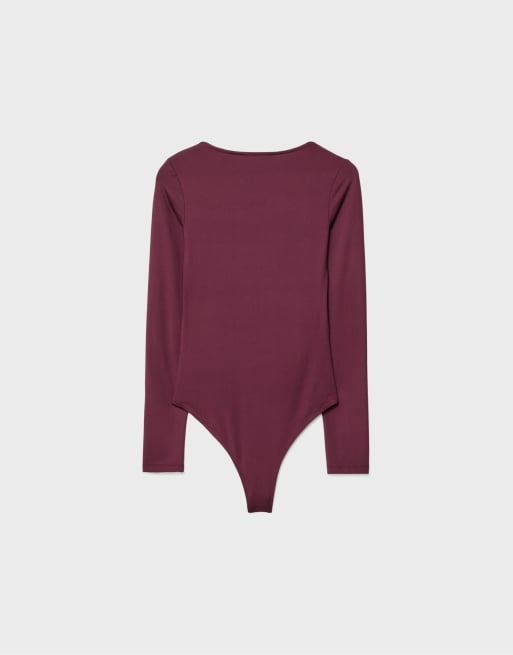 Stradivarius - Auberginefarvet bodystocking i polyamid med firkantet hals, 7 af 7