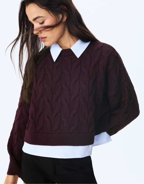 Stradivarius - Auberginefarvet strikket sweater med kontrasterende detaljer - view 1