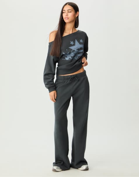 Stradivarius – Ausgestellte Relaxed-Fit-Hose in Dunkelgrau mit Kordelzug - view 1