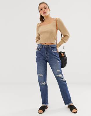 dark wash mom jeans ripped