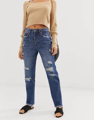 dark wash distressed mom jeans