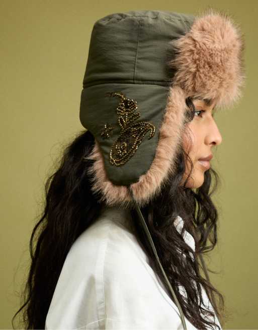 Stradivarius Aviator-hat med rhinsten i khaki, 3 af 4