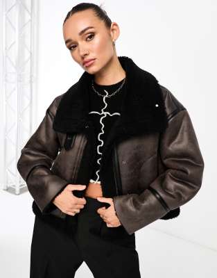 Stradivarius STR faux leather fur trim coat in brown