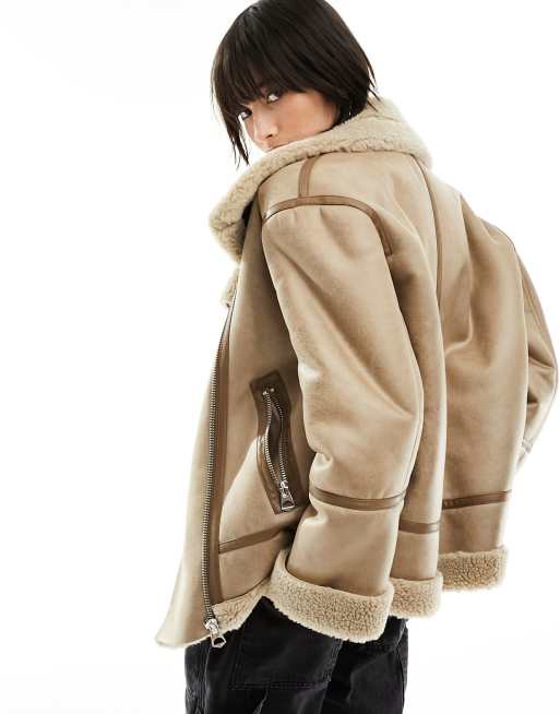 Stradivarius aviator jacket with contrast piping in vintage tan ASOS