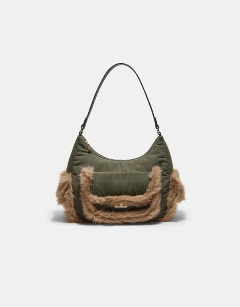 Stradivarius axelväska med ficka i fuskpäls i khaki - view 1