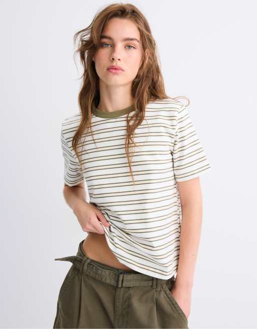 Stradivarius B01 regular gestreept T-shirt in kaki, 5 van 7