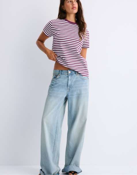 Stradivarius B02 basic stribet regular fit blød T-shirt i mørkelilla - view 1