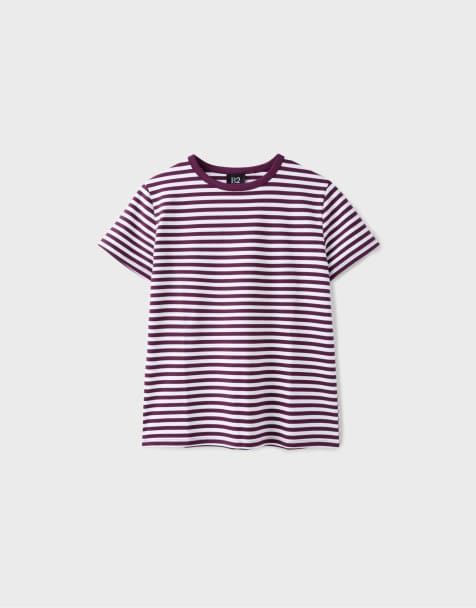Stradivarius B02 Basic T-Shirt mit Streifen, Regular Fit, Soft-Touch, in Dunkelviolett - view 1