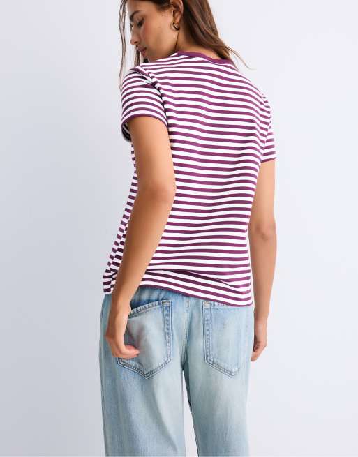 Stradivarius B02 T-shirt basic a righe regular fit effetto morbido viola scuro, 3 di 7