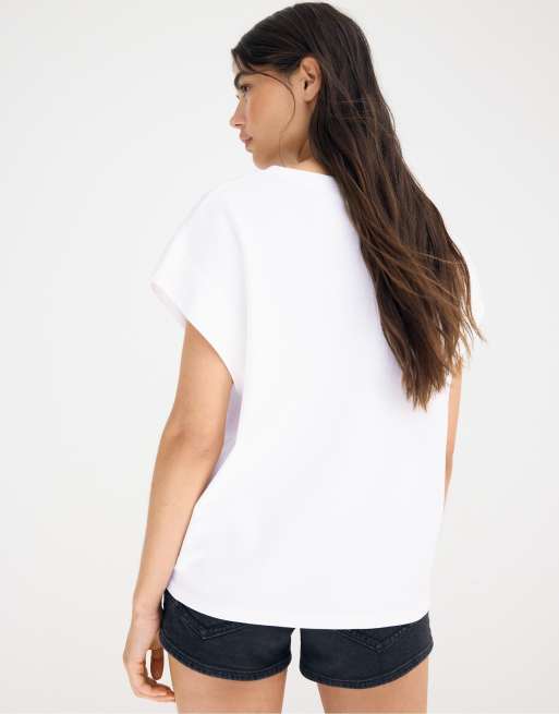 Stradivarius - B06 - Ecrufarvet basis-T-shirt med sænkede skuldre, 3 af 7
