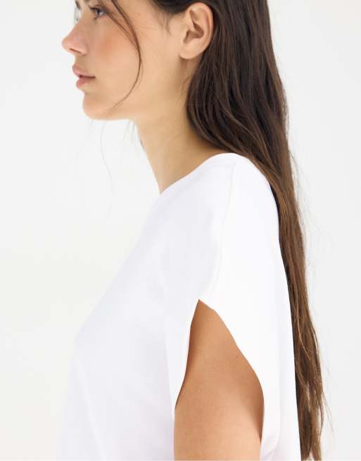 Stradivarius - B06 - Ecrufarvet basis-T-shirt med sænkede skuldre, 4 af 7