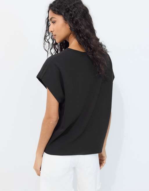 Stradivarius - B06 - T-shirt basique à épaules tombantes - Noir, 3 de 7