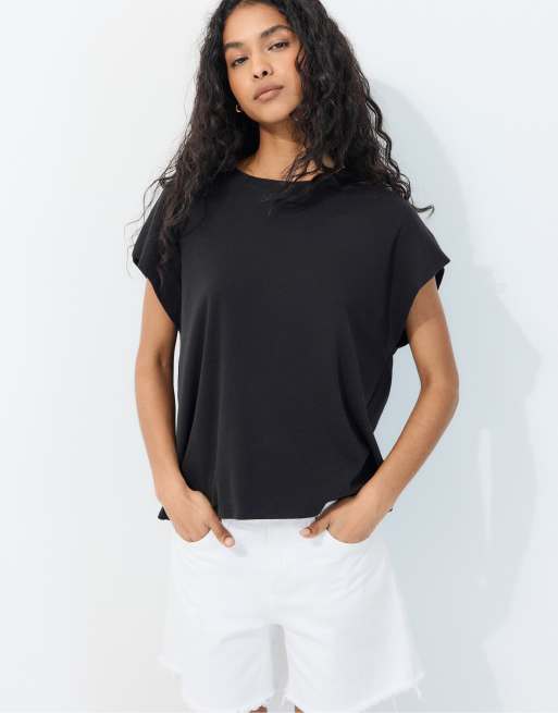 Stradivarius - B06 - T-shirt basique à épaules tombantes - Noir, 5 de 7