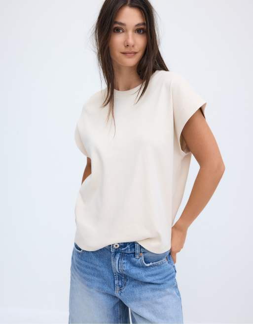 Stradivarius - B06 - T-shirt basique à épaules tombantes - Taupe, 2 de 7