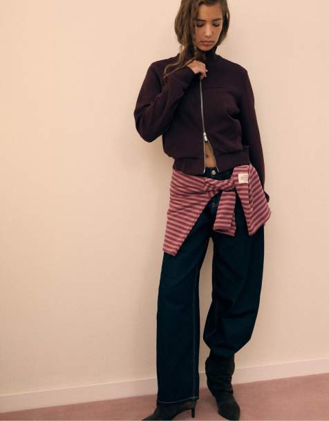 Stradivarius B09 cropped sweatshirt med høj hals og lynlås i mørkelilla - view 1