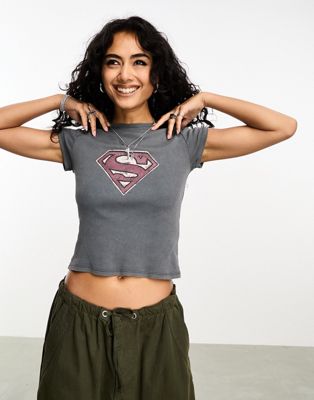 Stradivarius baby tee with superman graphic in grey