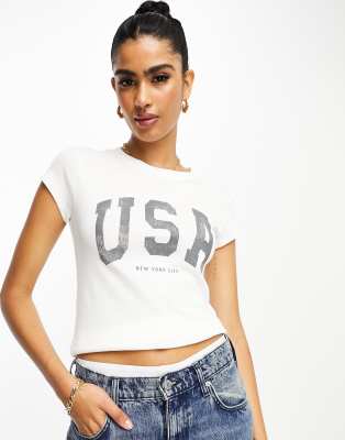 Stradivarius baby tee with USA graphic in white