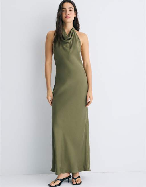 Stradivarius Backless halter maxi dress in olive green | ASOS