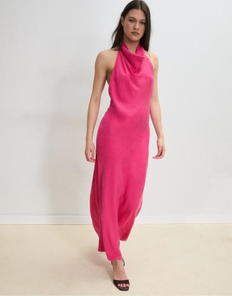 Stradivarius Backless halter midi dress in fuchsia - view 1