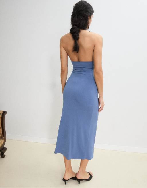 Stradivarius Backless halter midi dress in sky blue | ASOS
