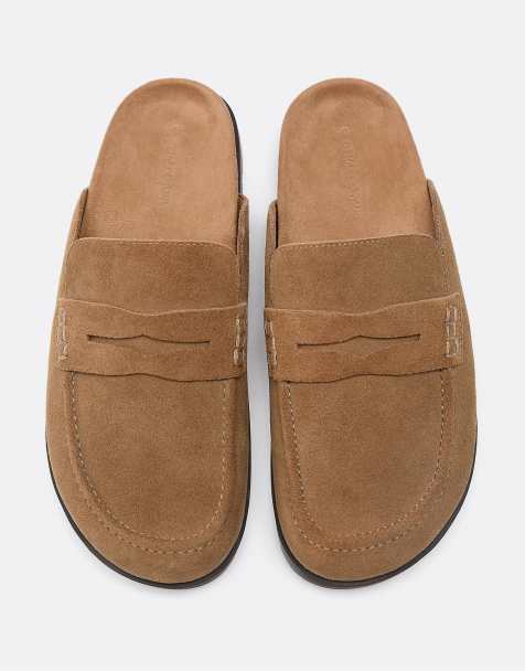 Stradivarius Backless leather loafer clogs in beige - view 1