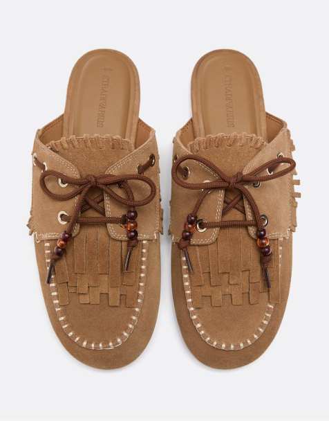 Stradivarius Backless leather loafers with charms in beige - view 1