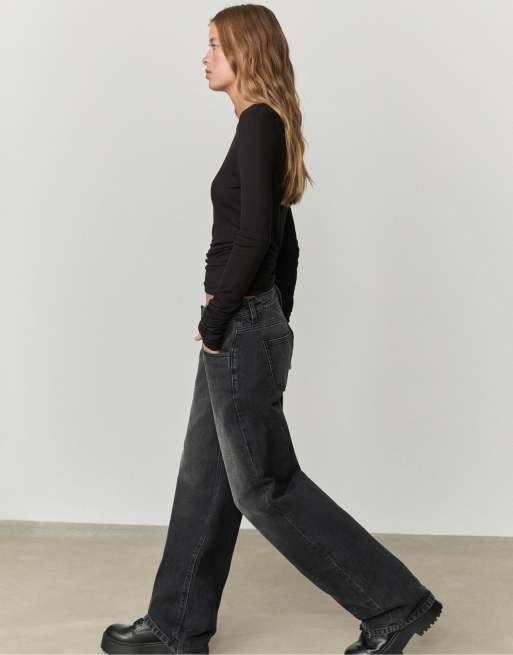 Stradivarius - Baggy jeans met halfhoge taille in denim zwart met gewassen effect, 2 van 4