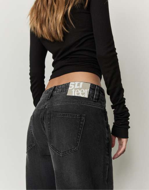 Stradivarius - Baggy jeans met halfhoge taille in denim zwart met gewassen effect, 3 van 4