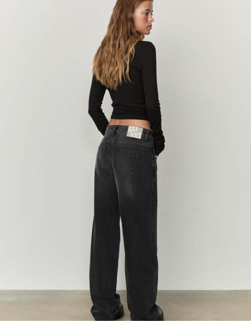 Stradivarius - Baggy jeans met halfhoge taille in denim zwart met gewassen effect, 4 van 4