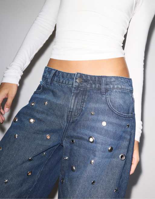 Stradivarius - Baggy jeans met oogjes in zwart denim met wassing, 2 van 4