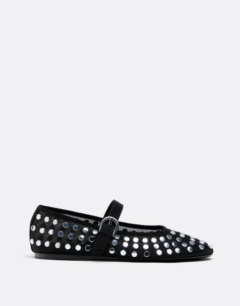 Stradivarius - Ballerina's van mesh met studs in zwart - view 1