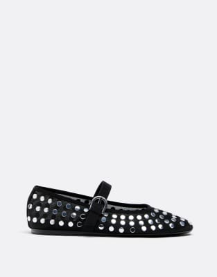 Stradivarius - Ballerines cloutées en tulle - Noir