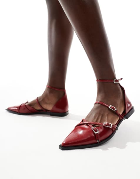 Stradivarius - Ballerines plates à bout pointu et lanières - Rouge - view 1