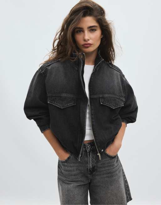 Stradivarius ballon denim jack in zwarte denimwassing, 2 van 7
