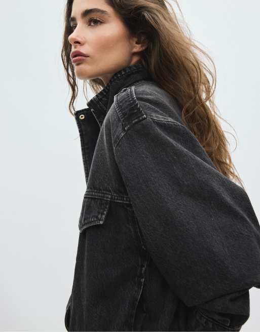 Stradivarius ballon denim jack in zwarte denimwassing, 4 van 7