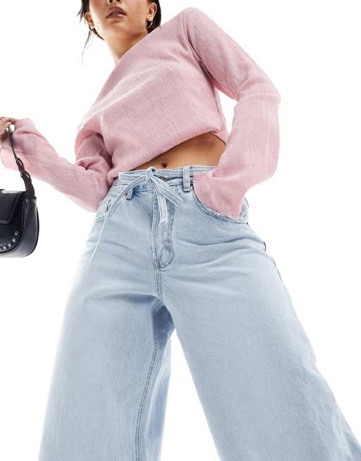 Stradivarius balloon leg jean in light wash blue ASOS
