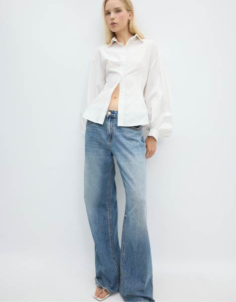 Stradivarius Balloon sleeve poplin shirt in white - view 1