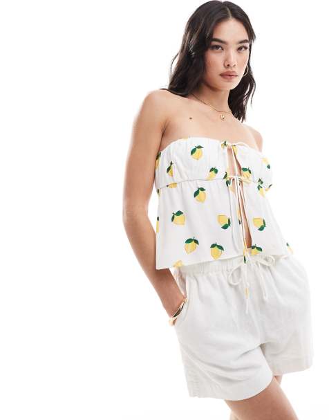 Stradivarius bandeau top in lemon print  - view 1