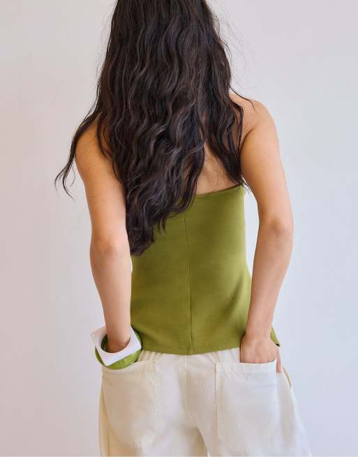 Stradivarius - Bandeau-top met hartvormige halslijn in olijfgroen, 3 van 4
